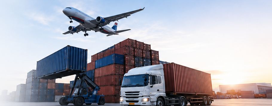 Airplane, containers and cargo truck representing sea and air freight
